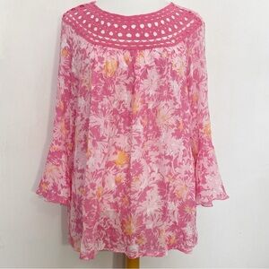 Robert Louis Ethereal Crochet Neck Bell Sleeve Gauzy Pink Floral Blouse 1X